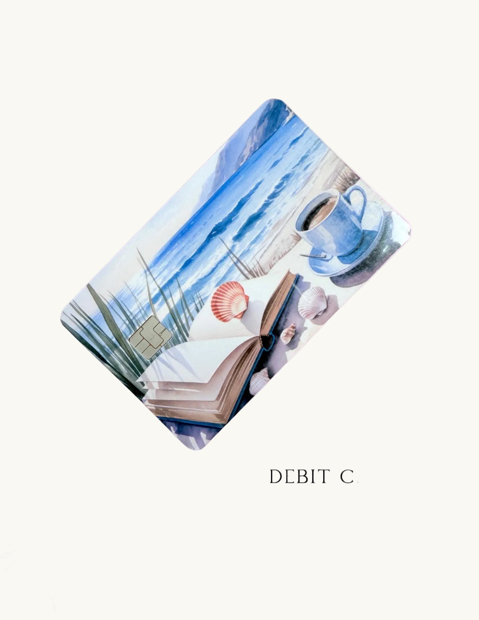 Coastal beach card skin with ocean books and coffee aesthetic, waterproof vinyl debit card decal by The Sticker Era