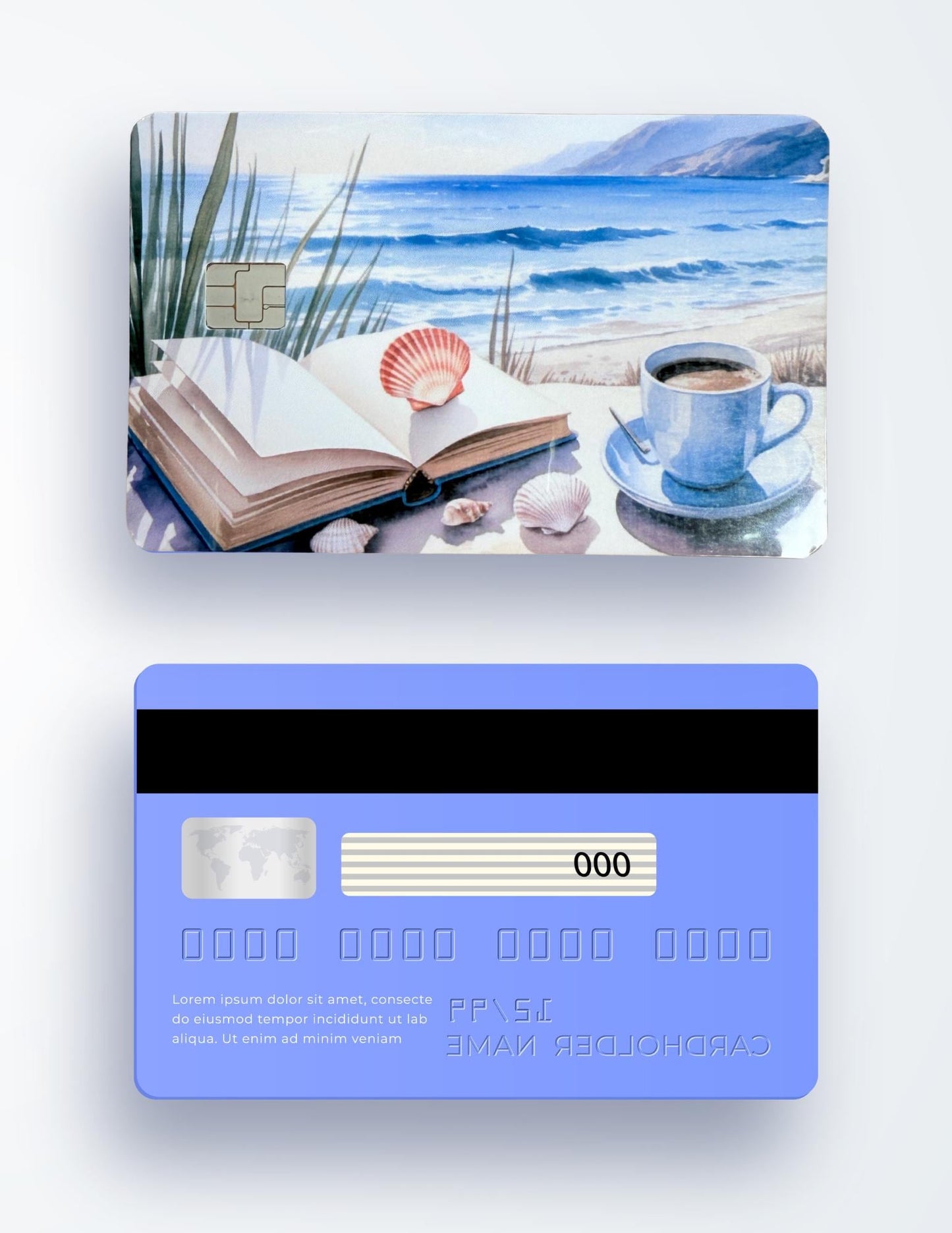 Coastal Beachy Debit Card Skin | Watercolor Ocean Book & Coffee Vinyl Cover | Seashell Aesthetic Card Decal | Calming Beach Lover Gift | Bookworm Accessory - The Sticker Era