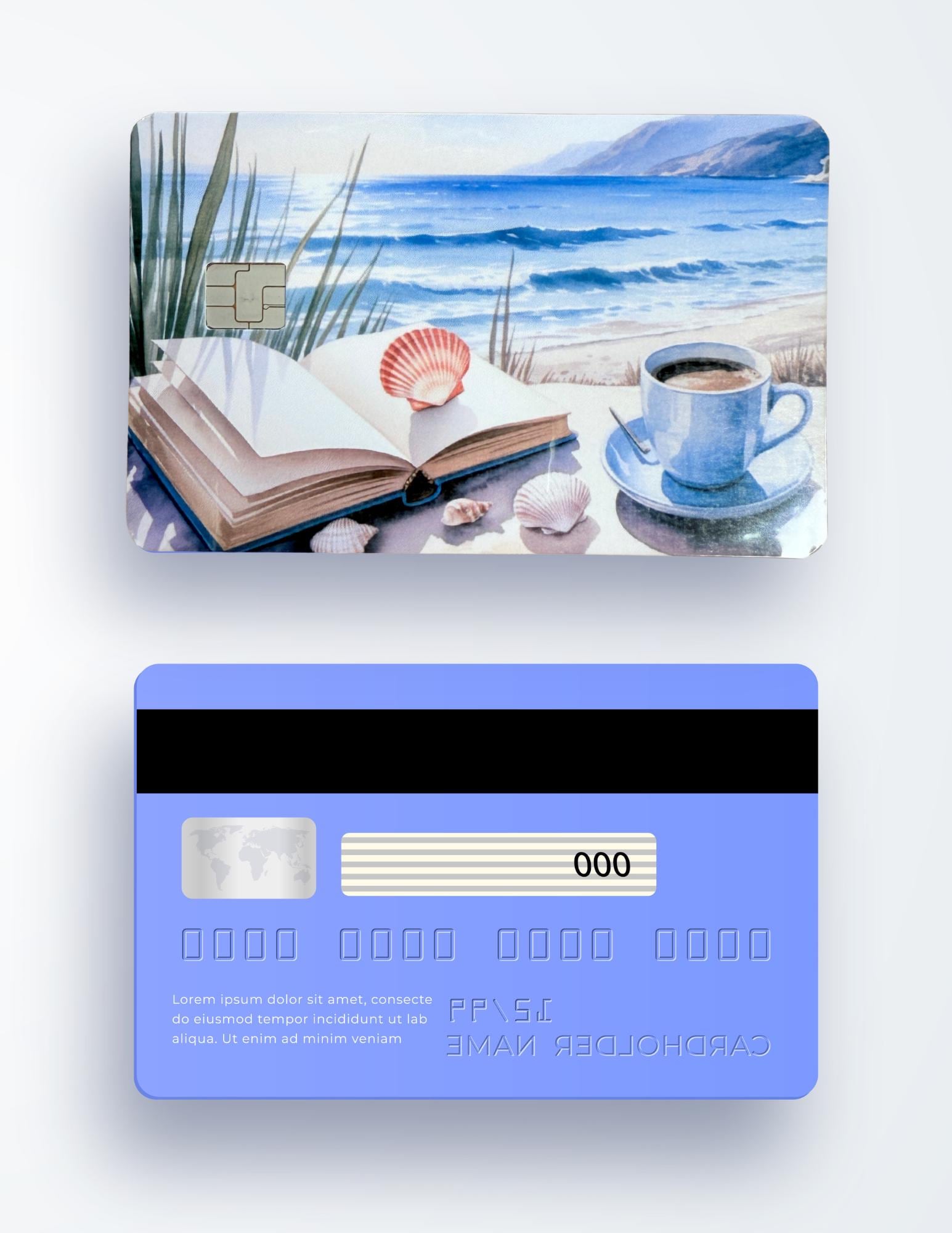Coastal Beachy Debit Card Skin | Watercolor Ocean Book & Coffee Vinyl Cover | Seashell Aesthetic Card Decal | Calming Beach Lover Gift | Bookworm Accessory - The Sticker Era