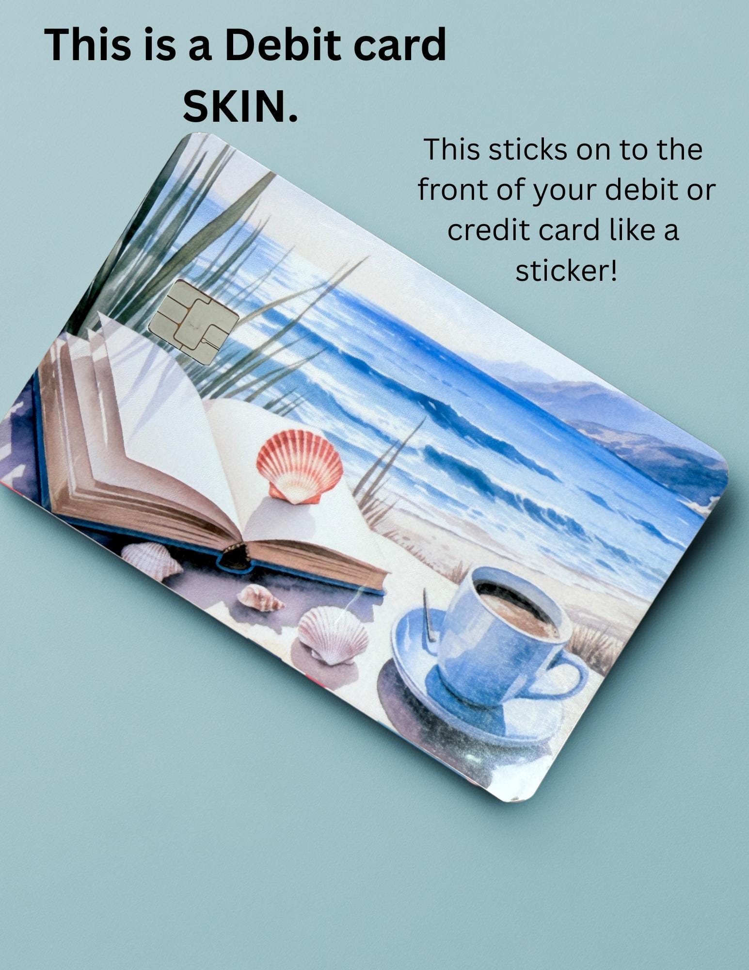 Coastal Beachy Debit Card Skin | Watercolor Ocean Book & Coffee Vinyl Cover | Seashell Aesthetic Card Decal | Calming Beach Lover Gift | Bookworm Accessory - The Sticker Era