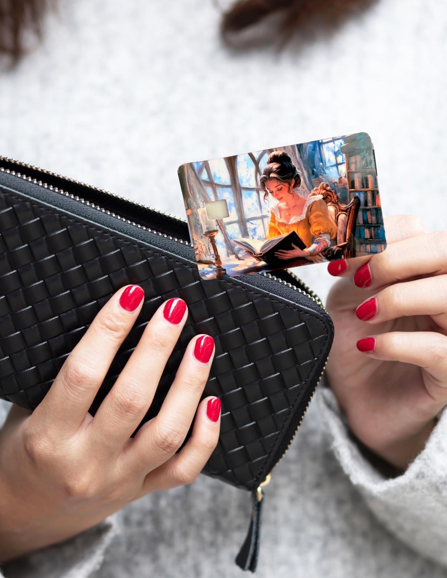 Bookish Belle Debit Card Skin | Romantic Reader Fairytale Vinyl Cover | Woman Reading by Candlelight Card Decal | Magical Library Book Lover Gift - The Sticker Era