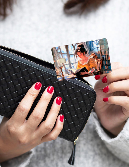 Bookish Belle Debit Card Skin | Romantic Reader Fairytale Vinyl Cover | Woman Reading by Candlelight Card Decal | Magical Library Book Lover Gift - The Sticker Era