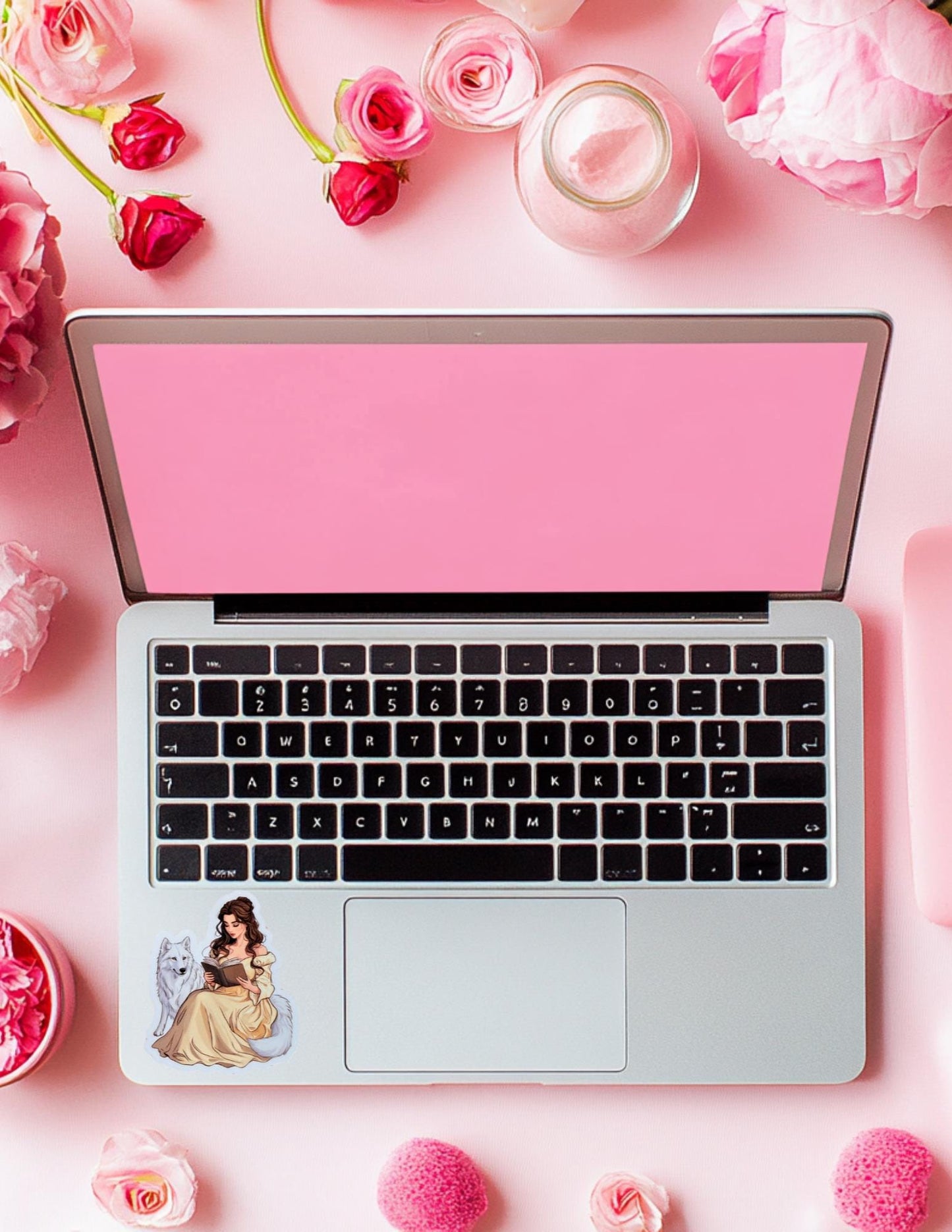 Belle Reading with White Wolf Sticker – Fantasy Vinyl Decal for Book Lovers & Fairytale Fans - The Sticker Era