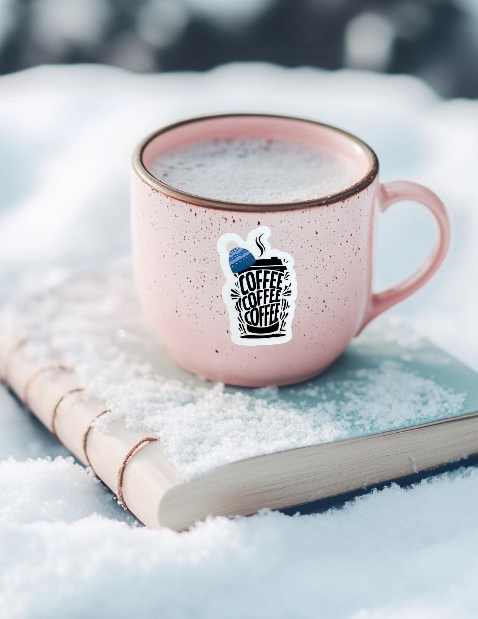 Gilmore Girls coffee cup sticker on pink mug in snow by The Sticker Era