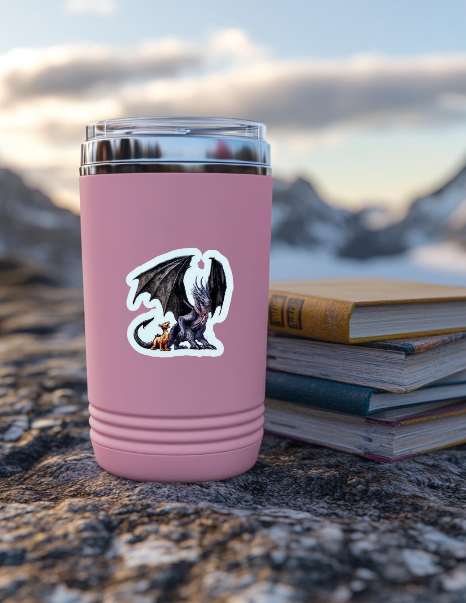 Fourth Wing dragon duo sticker on pink water bottle vinyl decal by The Sticker Era