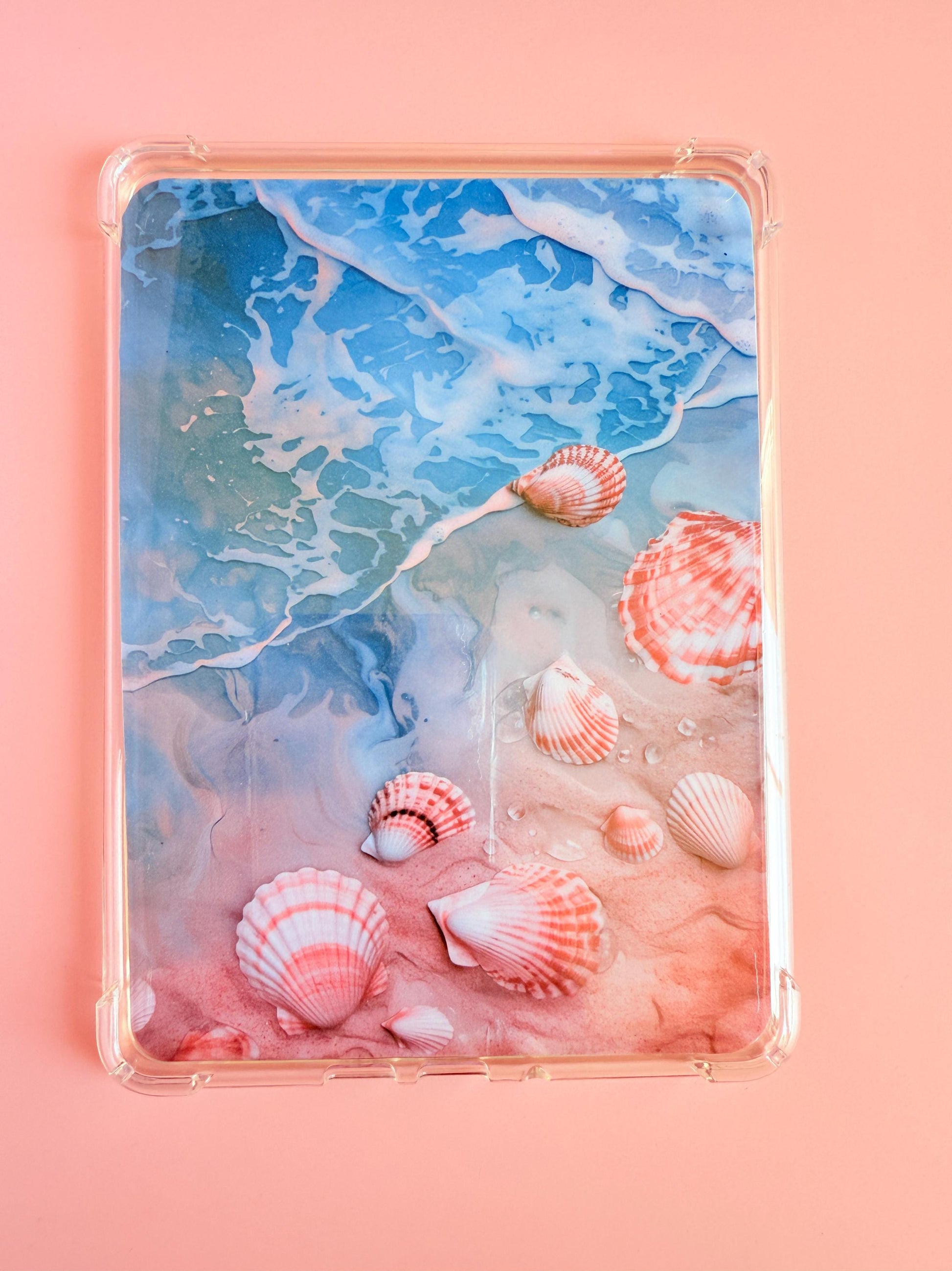 beach kindle art, coastal reader, ocean kindle case, seashell insert, summer book gift, pink shell decor, beachy kindle vibe, clear case insert, island luxe style, kindle accessory, dreamy reader gift, pastel beach art, soft girl beach