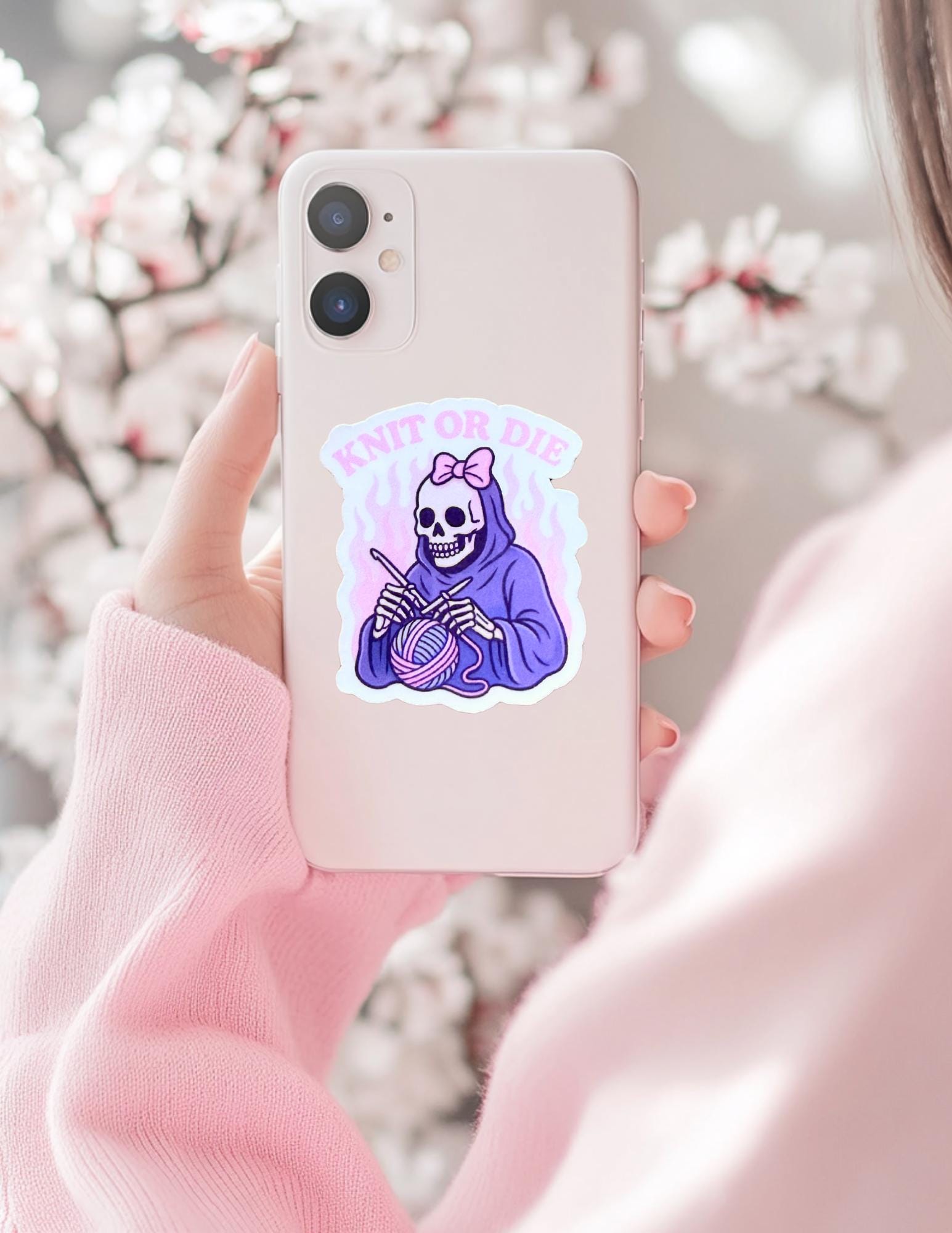 Knitt or Die" Sticker | Pink Skeleton Knitting Vinyl Decal | Edgy Crafter Gift | Goth Aesthetic Laptop Journal Sticker | Yarn Lover Accessory - The Sticker Era