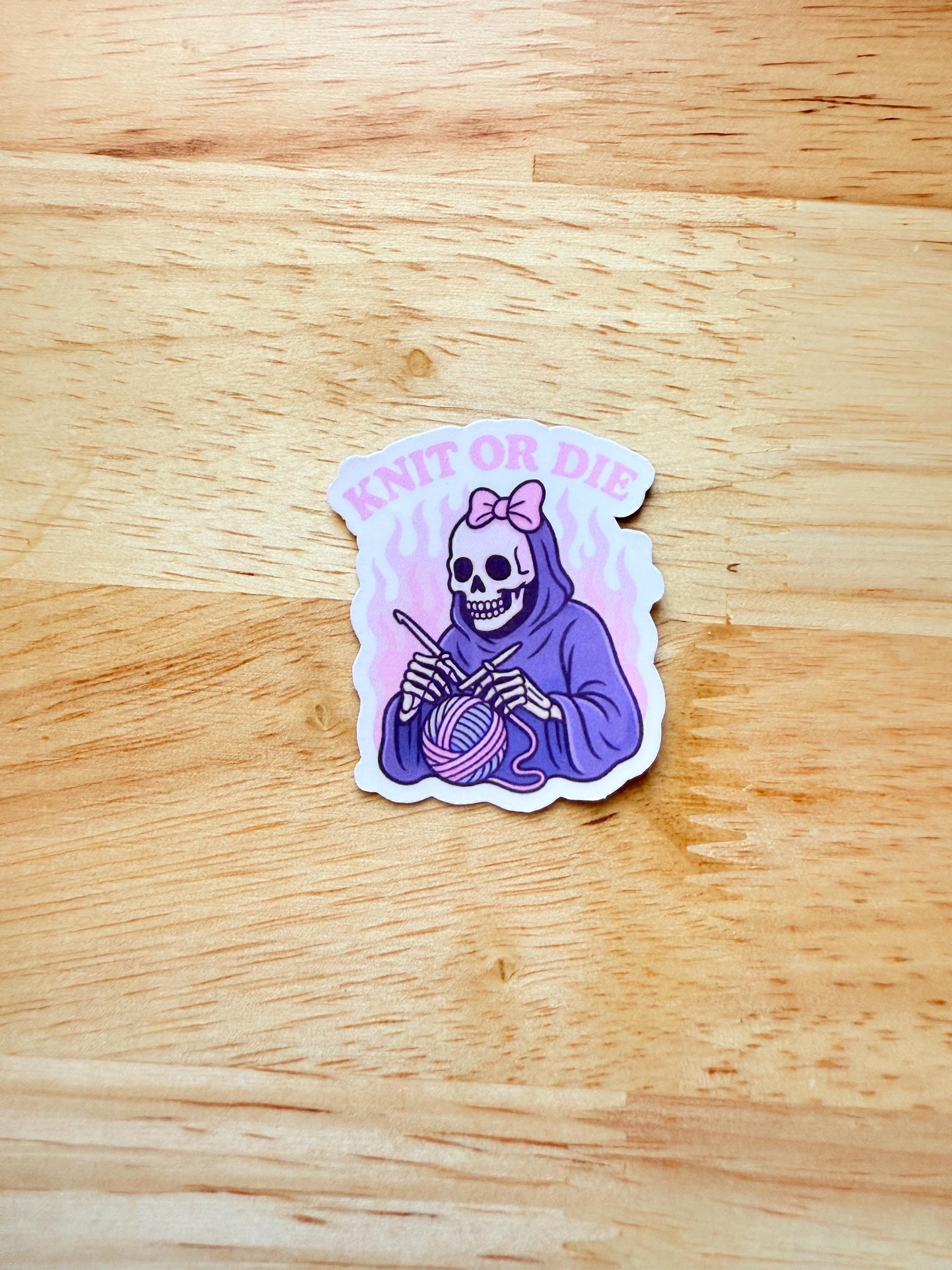 Knitt or Die" Sticker | Pink Skeleton Knitting Vinyl Decal | Edgy Crafter Gift | Goth Aesthetic Laptop Journal Sticker | Yarn Lover Accessory - The Sticker Era