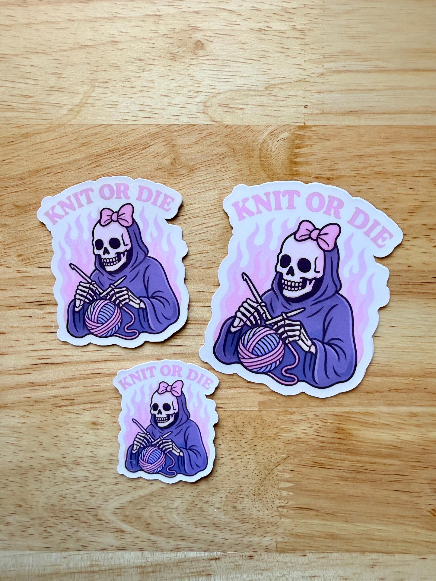 Knitt or Die" Sticker | Pink Skeleton Knitting Vinyl Decal | Edgy Crafter Gift | Goth Aesthetic Laptop Journal Sticker | Yarn Lover Accessory - The Sticker Era