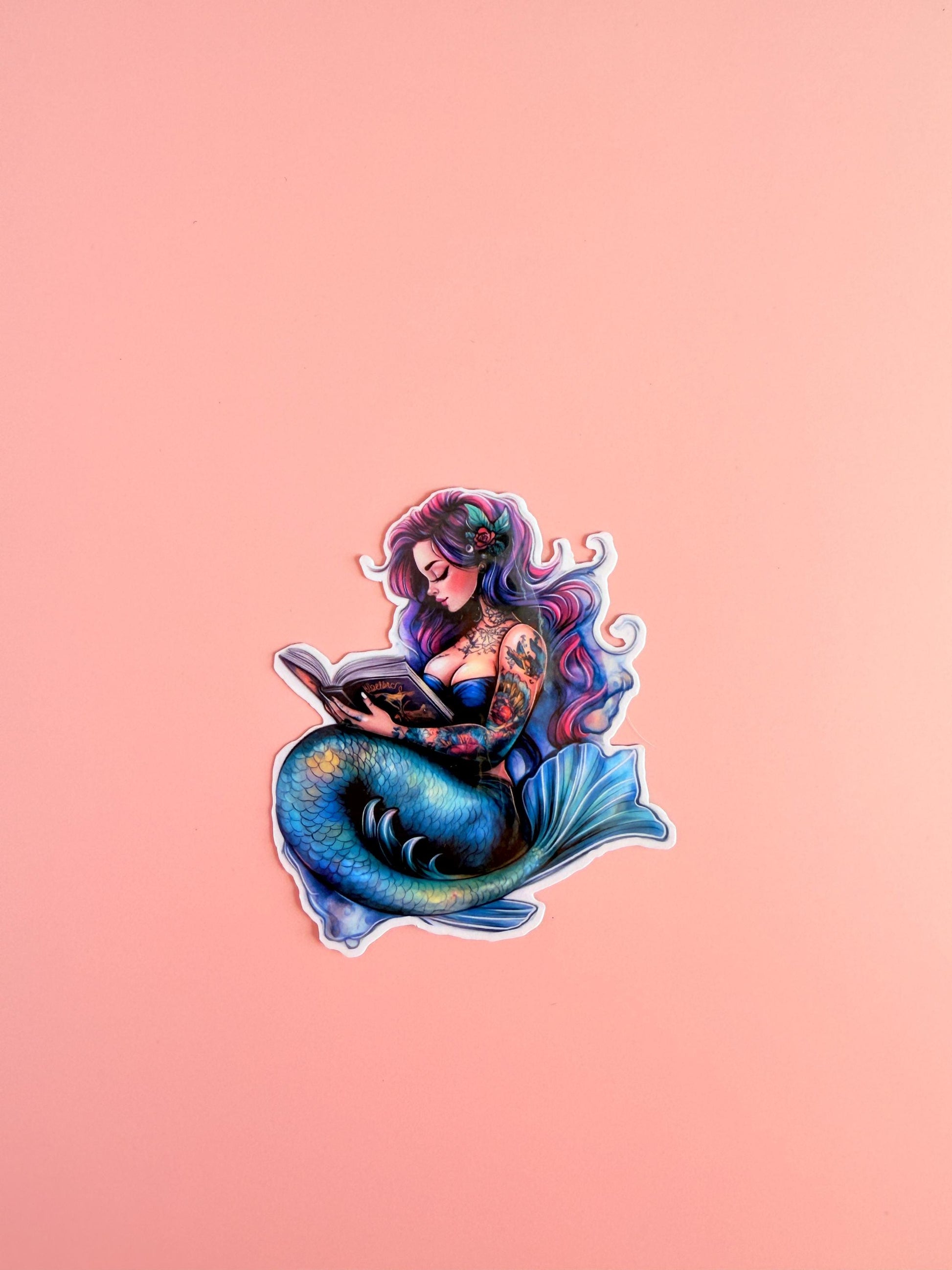 Plus-size mermaid reading bookish sticker — pastel ocean aesthetic