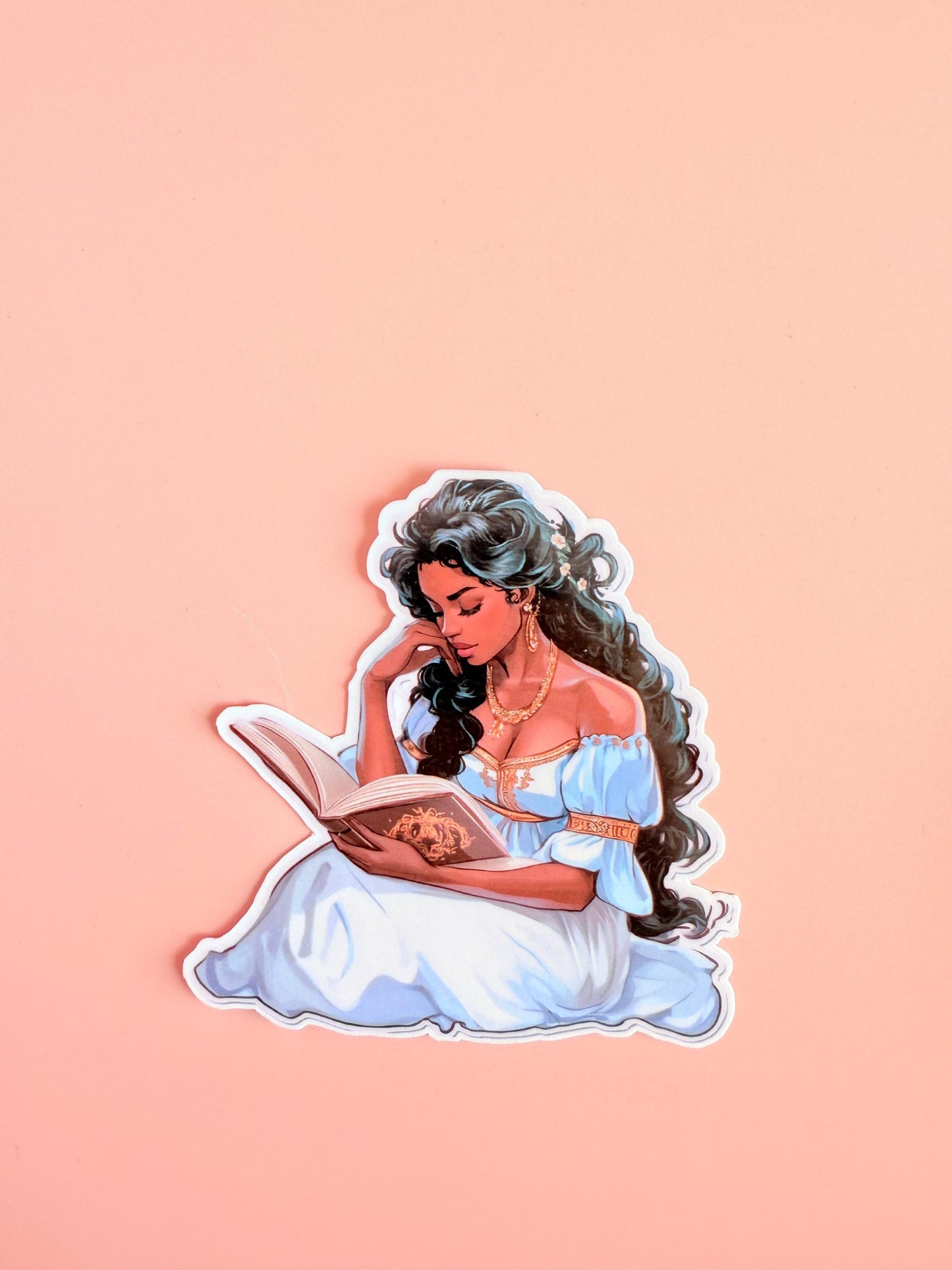Elegant Woman Reading Sticker – Fantasy Bookish Vinyl for Journals, Kindles & Literary Aesthetic Decor - The Sticker Era