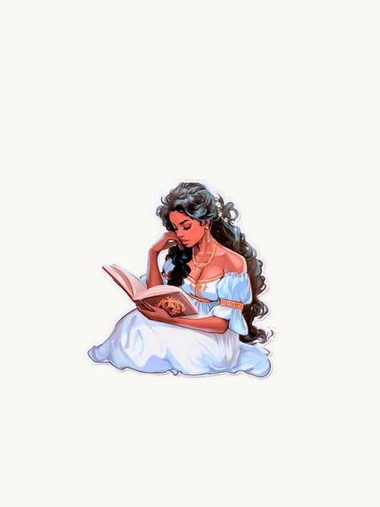 Elegant woman with long dark curls wearing a white dress, sitting and reading a book. Classy fantasy-style sticker on pink background