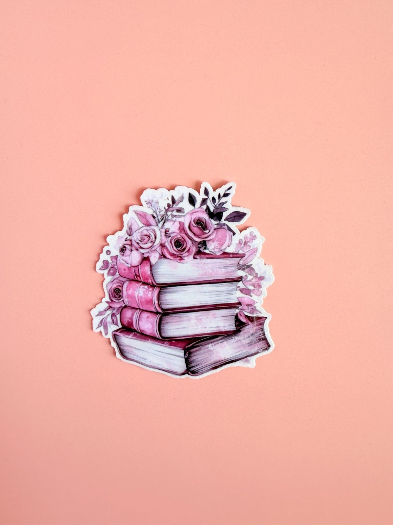 Pink Book Stack & Flowers Sticker | Romantic Bookish Vinyl Decal by The Sticker Era