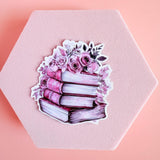 Pink Book Stack & Flowers Sticker | Romantic Bookish Vinyl Decal by The Sticker Era