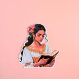 Floral Reading Woman Sticker | Bright Bookish Girl in Gold Dress Vinyl Decal by The Sticker Era