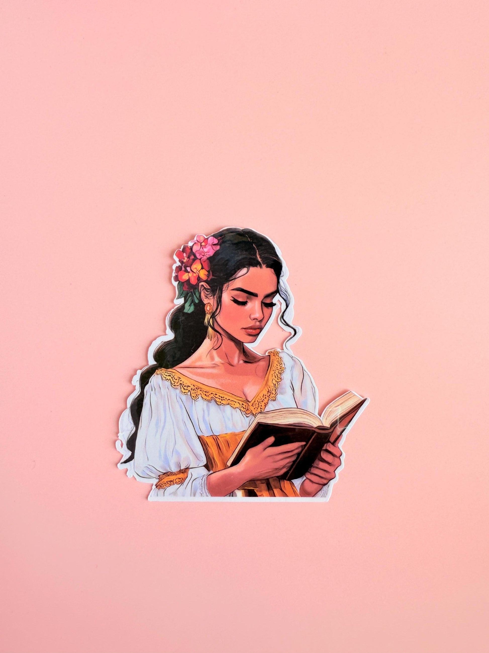 Floral Reading Woman Sticker – Bright Bookish Vinyl with White & Gold Dress for Kindles, Journals | Planners|kindle gift| book club gift - The Sticker Era