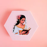 Floral Reading Woman Sticker | Bright Bookish Girl in Gold Dress Vinyl Decal by The Sticker Era