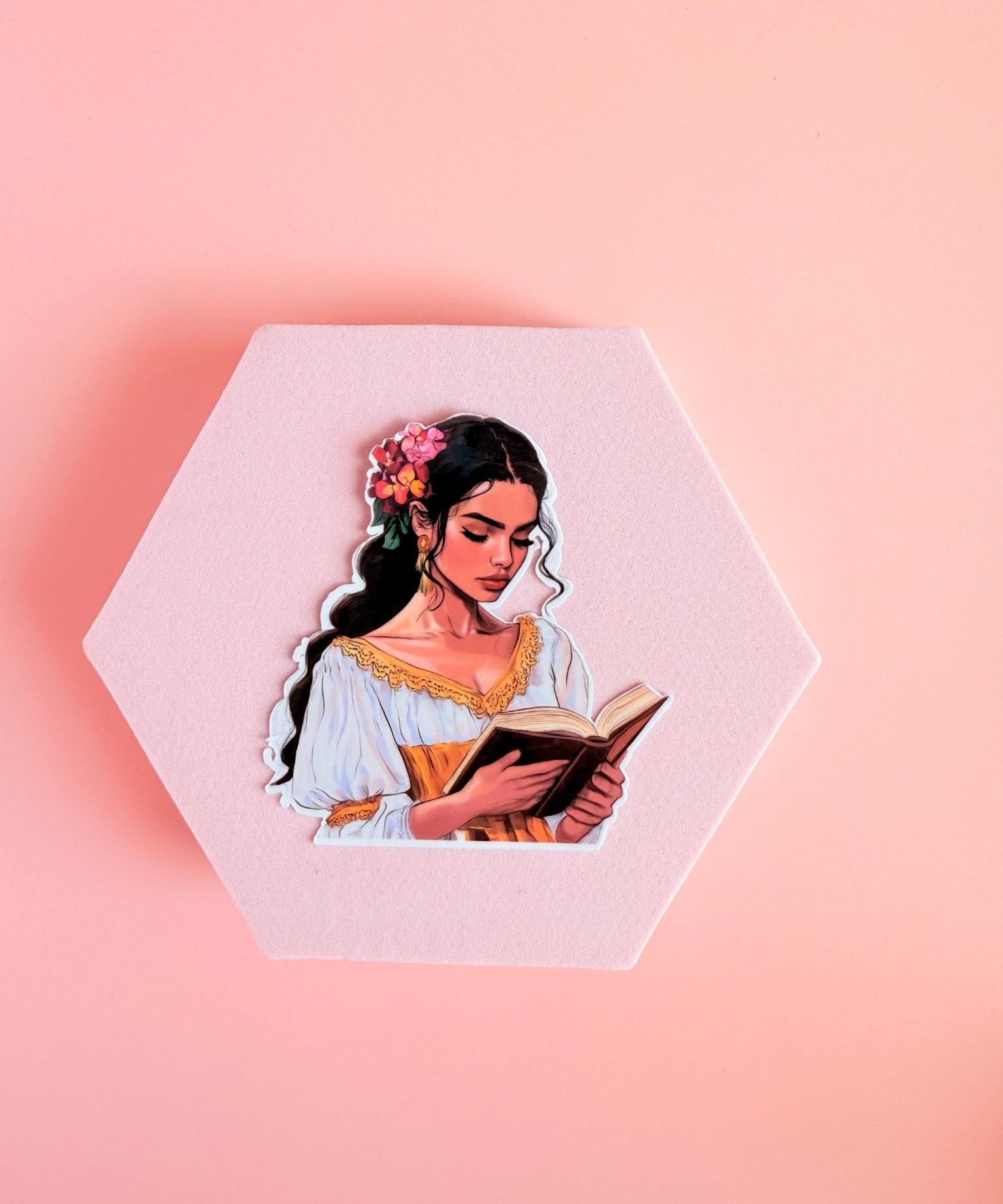 Floral Reading Woman Sticker | Bright Bookish Girl in Gold Dress Vinyl Decal by The Sticker Era
