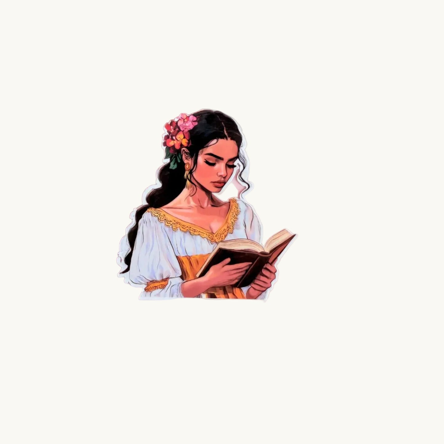 Woman with black hair and flowers, wearing a white and gold dress, reading a book. Bright bookish sticker on a pink background.