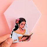 Floral Reading Woman Sticker | Bright Bookish Girl in Gold Dress Vinyl Decal by The Sticker Era