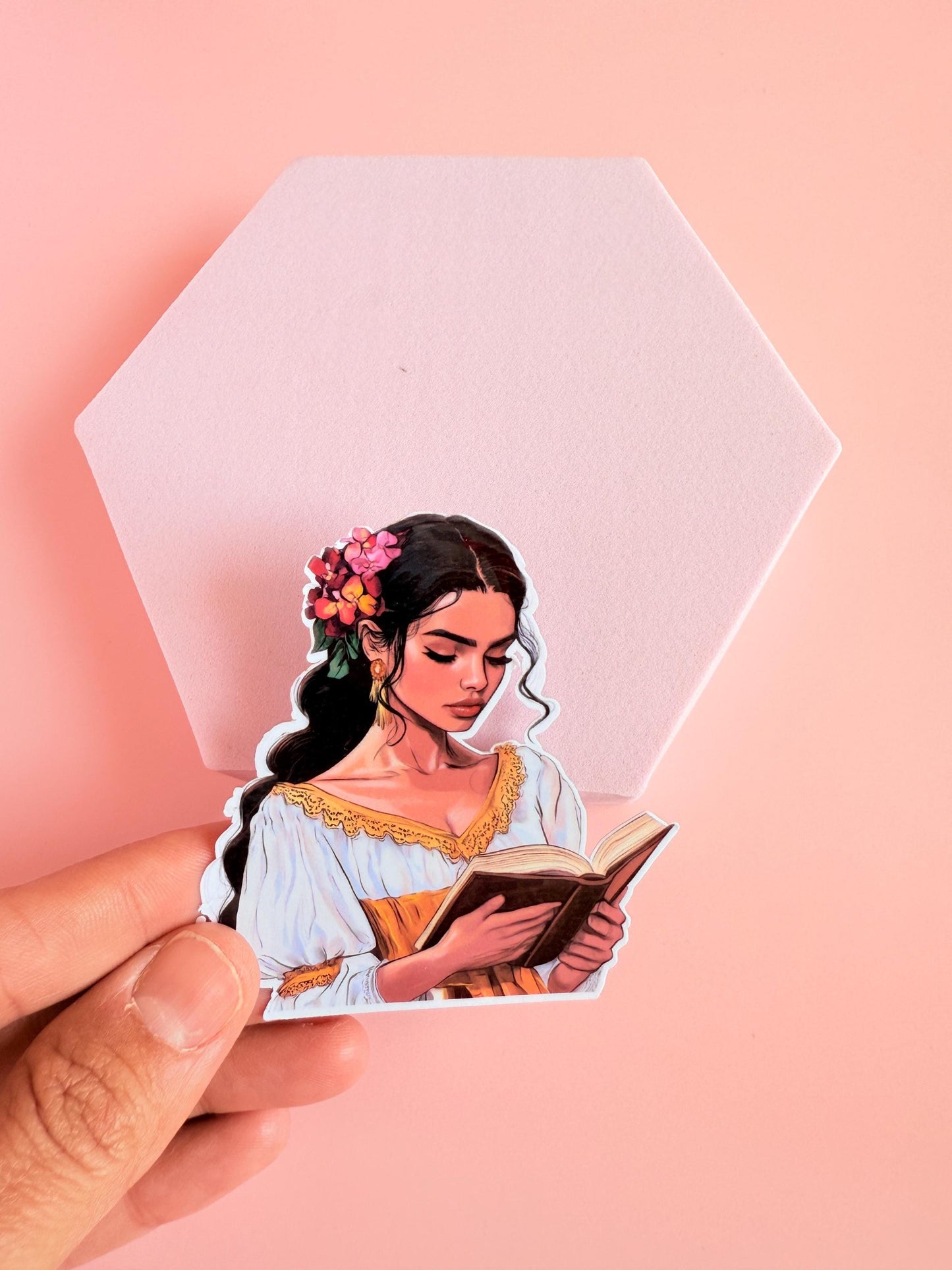 Floral Reading Woman Sticker – Bright Bookish Vinyl with White & Gold Dress for Kindles, Journals | Planners|kindle gift| book club gift - The Sticker Era