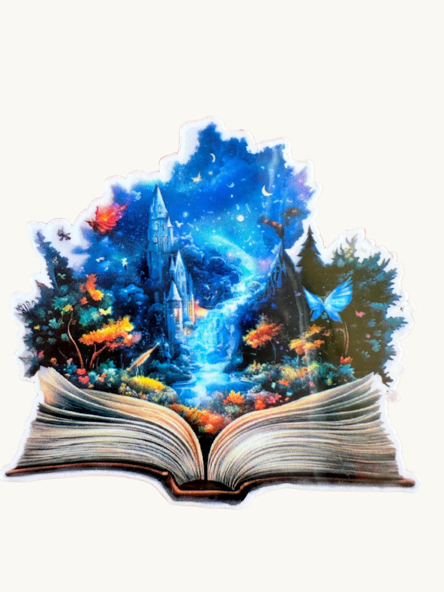 Fantasy castle rising from open book magical forest vinyl sticker by The Sticker Era
