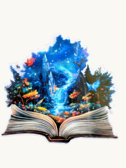 Fantasy castle rising from open book magical forest vinyl sticker by The Sticker Era
