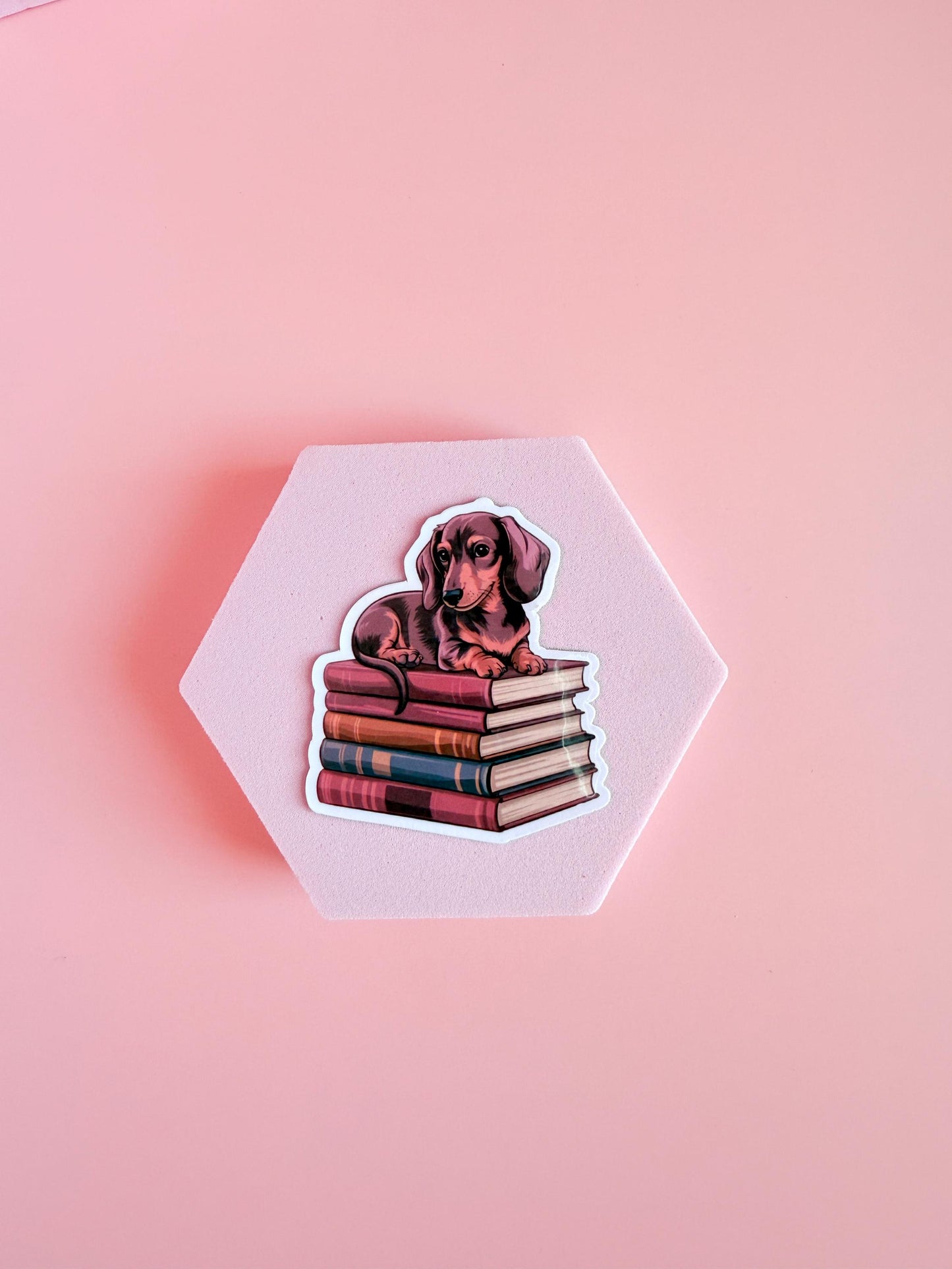 Sticker of a cute brown dachshund laying on a stack of colorful books, placed on a light pink hexagon with a soft pink background.