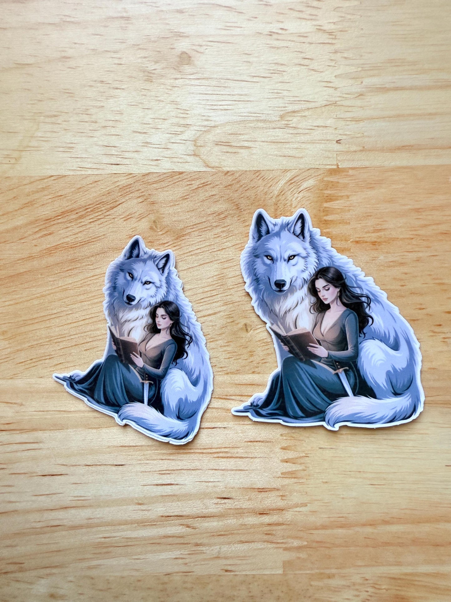 Girl with Wolf Reading Sticker – Mystical Bookish Vinyl Decal for Fantasy Fans & Animal Lovers - The Sticker Era