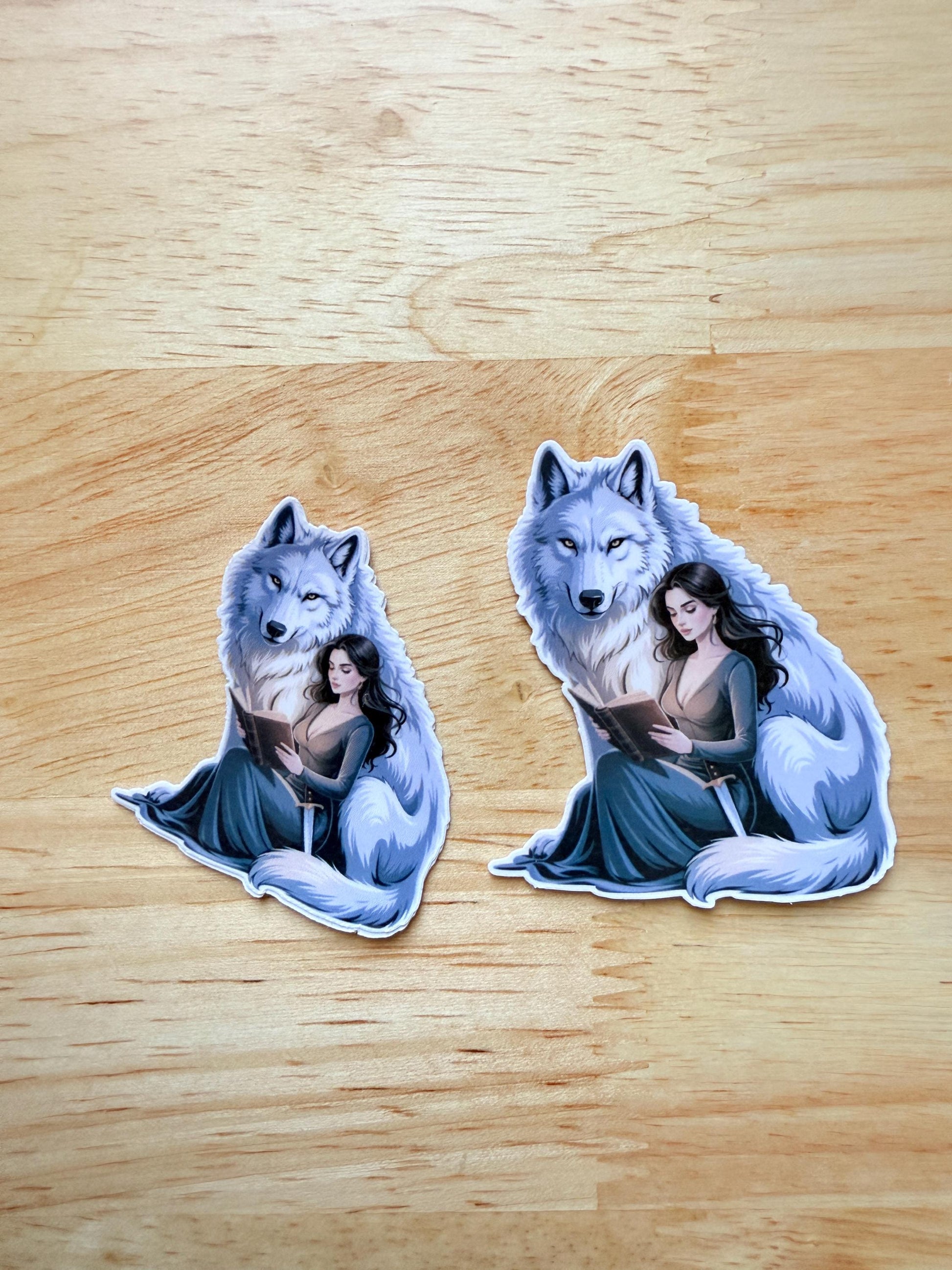 Girl with Wolf Reading Sticker – Mystical Bookish Vinyl Decal for Fantasy Fans & Animal Lovers - The Sticker Era