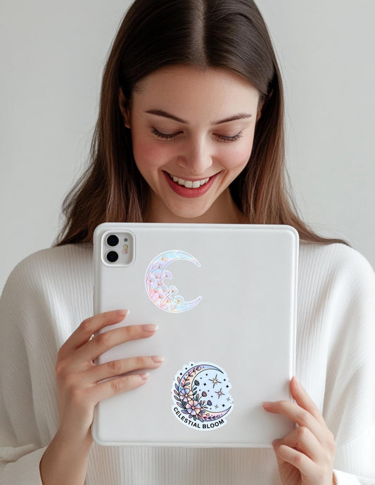 Reflective holographic sticker featuring a crescent moon design, shown on a phone case in a mirror selfie. Great for astrology fans, witchy vibes, and cosmic aesthetic lovers.