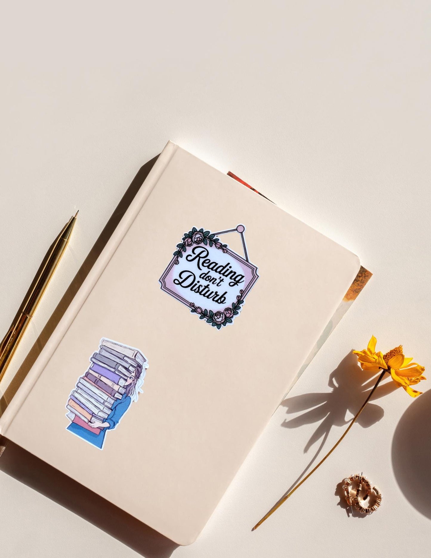 Book Hoarder Sticker – Girl Peeking with Huge Stack of Books, Bookish Vinyl Decal for Readers & Journal Lovers - The Sticker Era