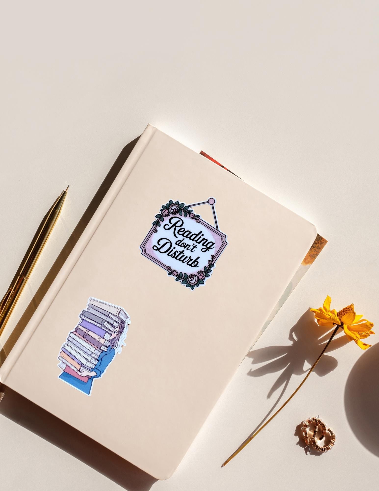 Book Hoarder Sticker – Girl Peeking with Huge Stack of Books, Bookish Vinyl Decal for Readers & Journal Lovers - The Sticker Era