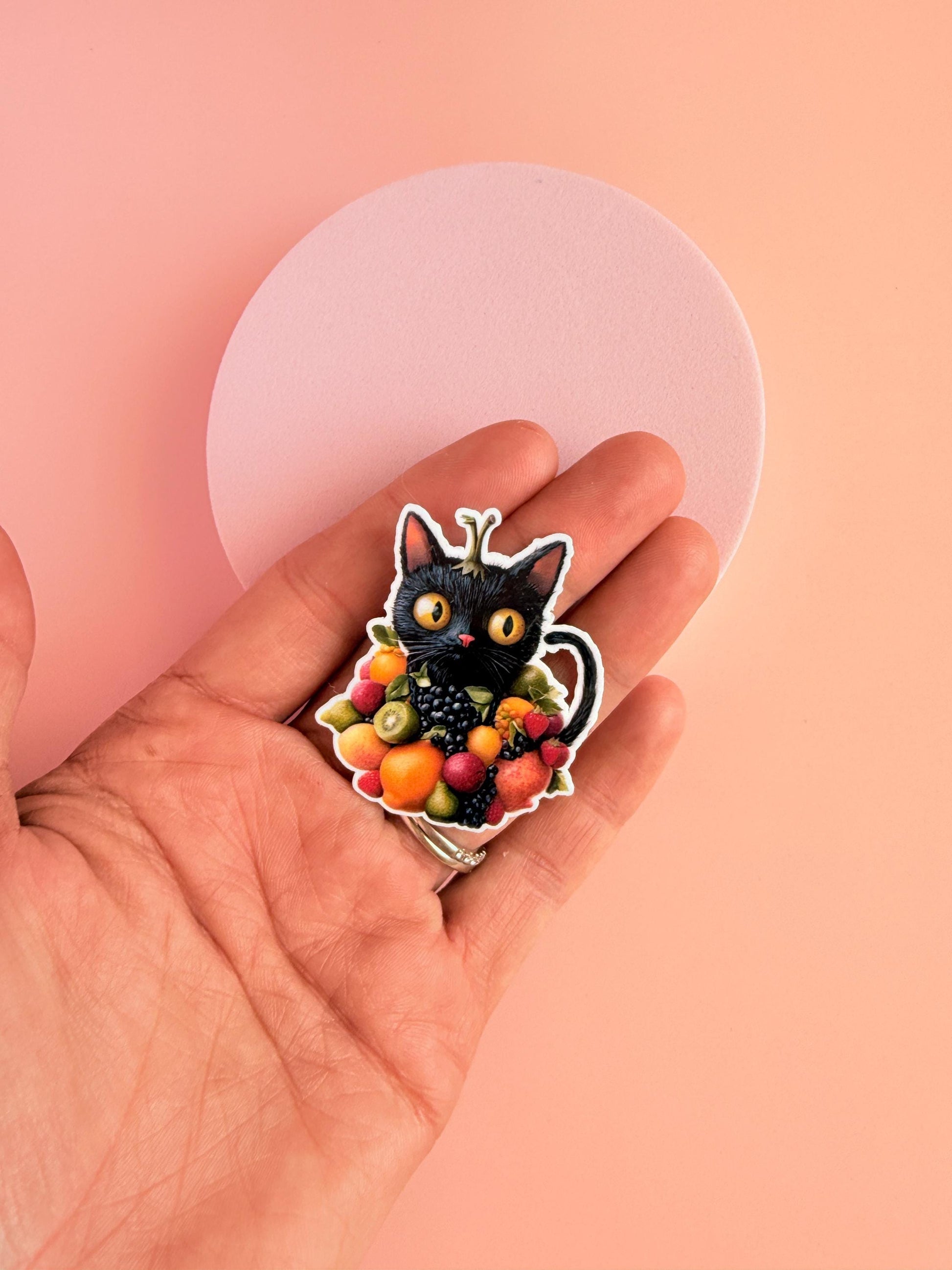 Fruit Cat Vinyl Sticker – Cute Black Cat with Fruit | Aesthetic Waterproof Sticker for Laptops, Journals, Water Bottles - The Sticker Era