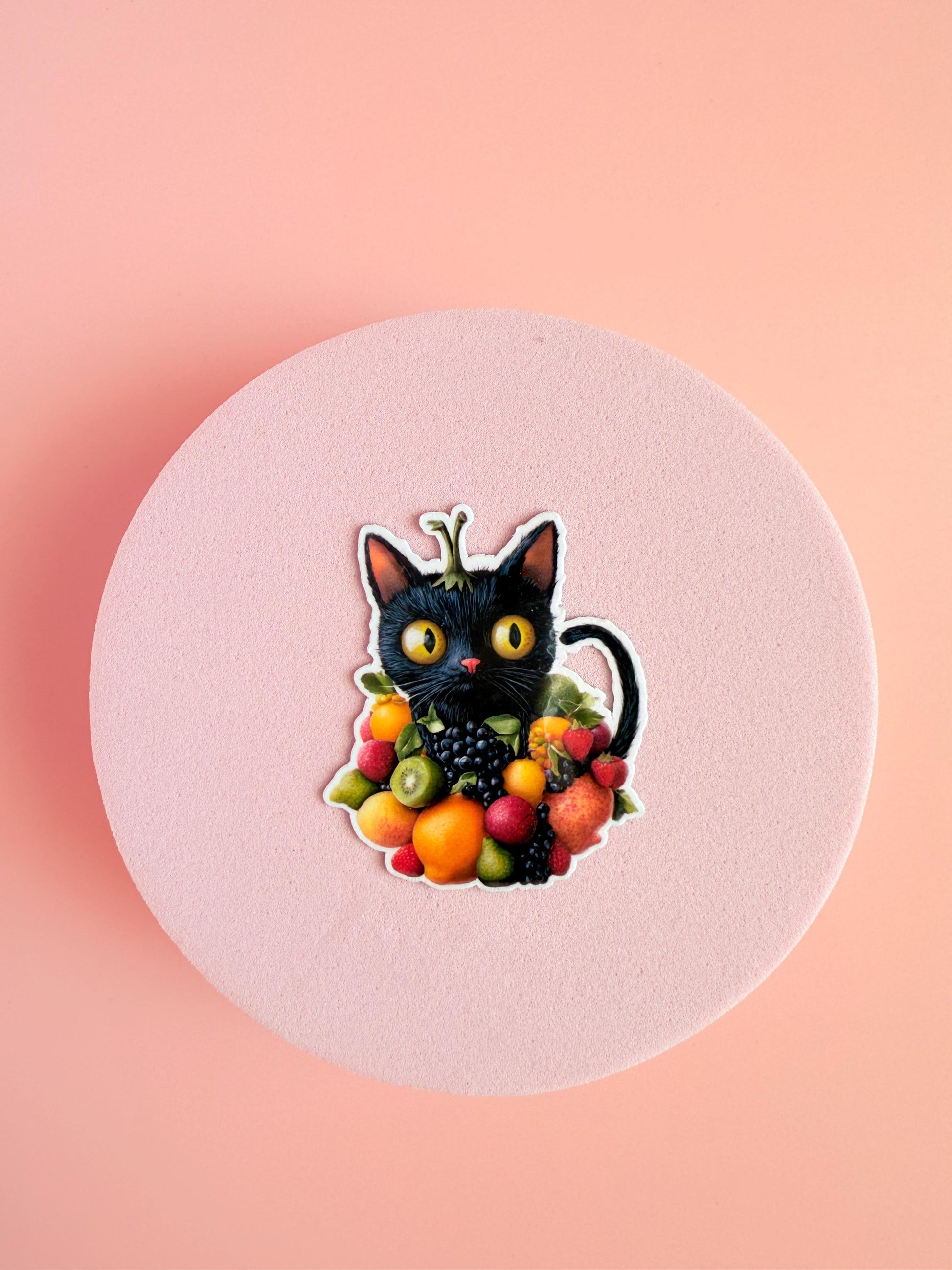 Fruit Cat Vinyl Sticker – Cute Black Cat with Fruit | Aesthetic Waterproof Sticker for Laptops, Journals, Water Bottles - The Sticker Era
