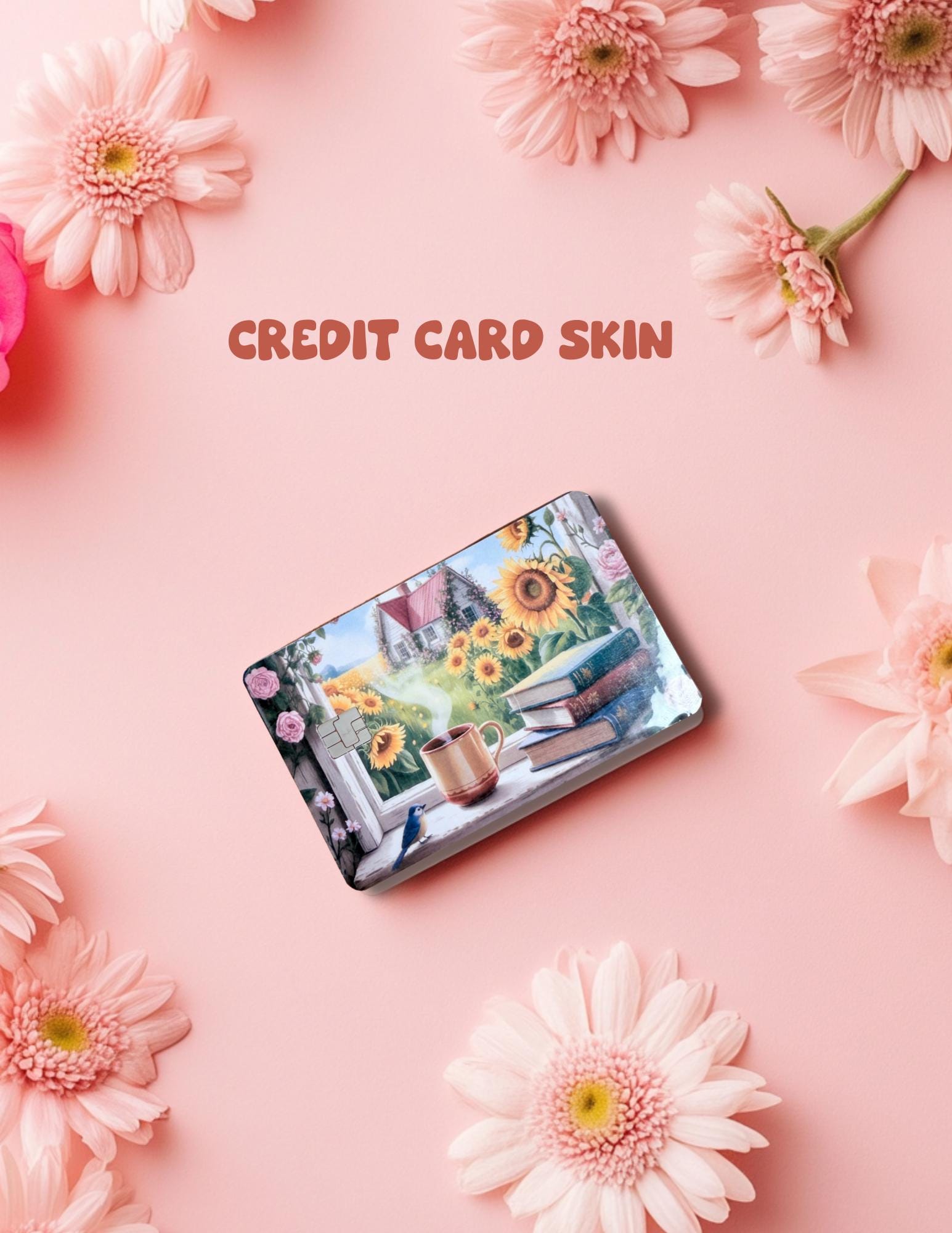 Sunflower Cottage Debit Card Skin: Bookish Coffee Window Vinyl Cover for Readers & Dreamers - The Sticker Era