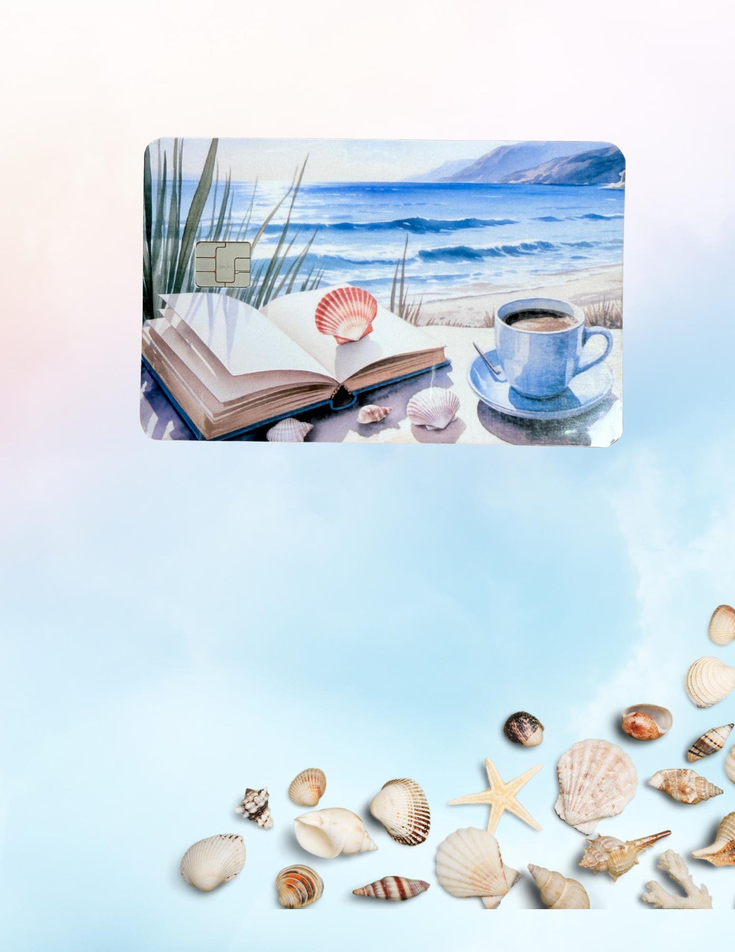 Coastal Beachy Debit Card Skin | Watercolor Ocean Book & Coffee Vinyl Cover | Seashell Aesthetic Card Decal | Calming Beach Lover Gift | Bookworm Accessory - The Sticker Era