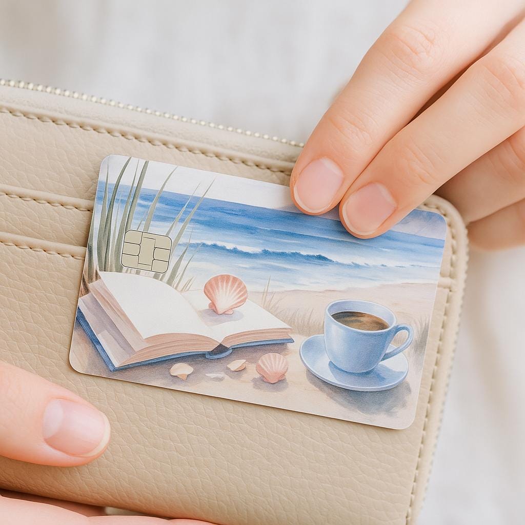 Coastal Beachy Debit Card Skin | Watercolor Ocean Book & Coffee Vinyl Cover | Seashell Aesthetic Card Decal | Calming Beach Lover Gift | Bookworm Accessory - The Sticker Era