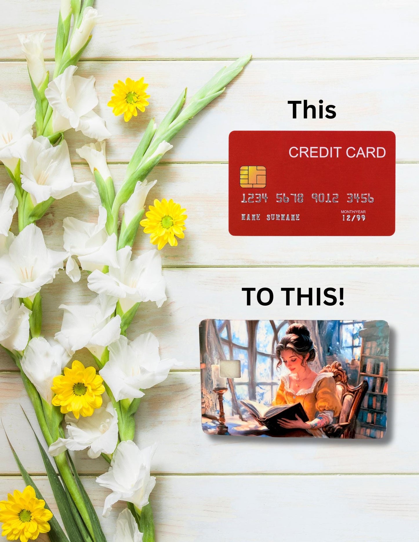 Bookish Belle Debit Card Skin | Romantic Reader Fairytale Vinyl Cover | Woman Reading by Candlelight Card Decal | Magical Library Book Lover Gift - The Sticker Era