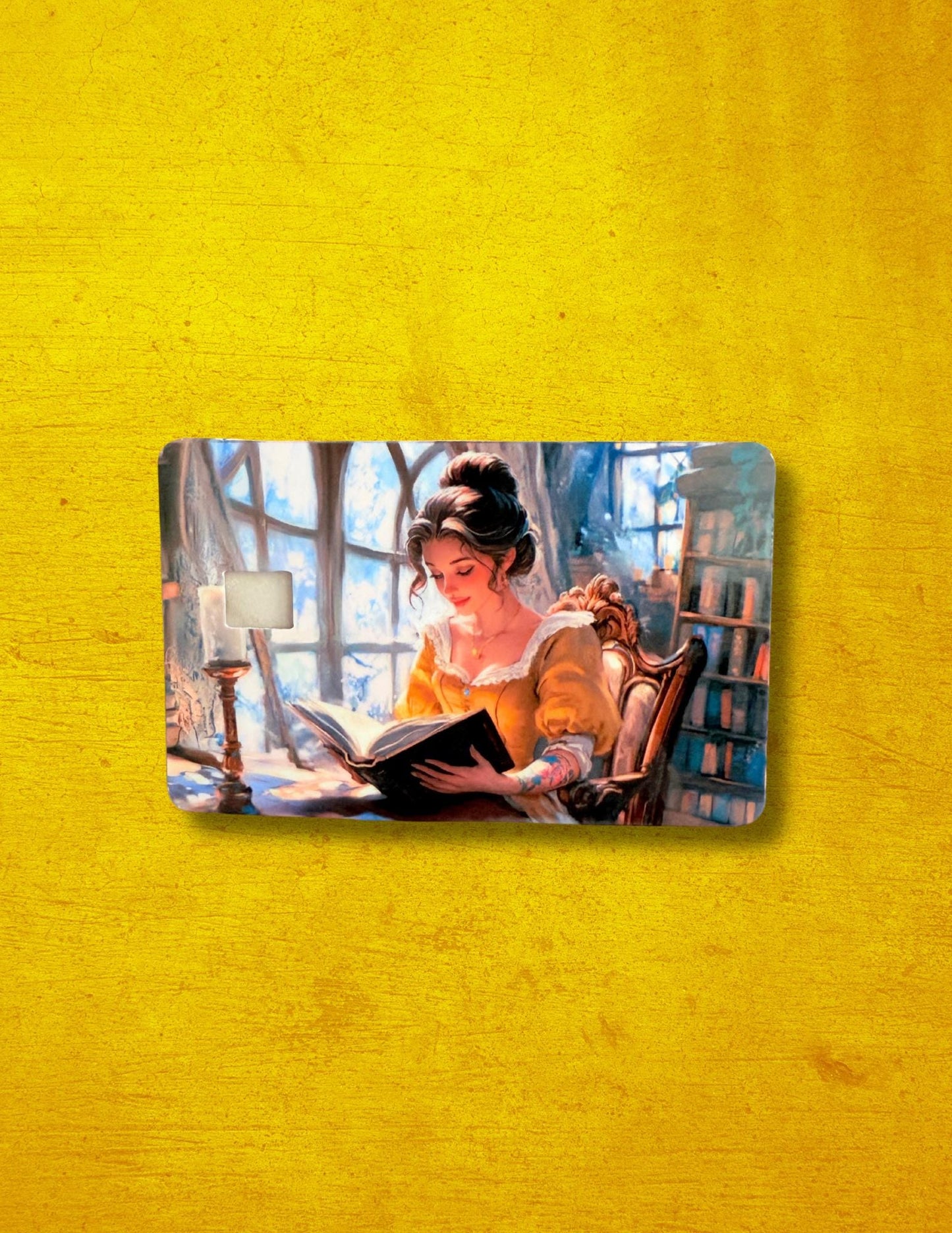 Bookish Belle Debit Card Skin | Romantic Reader Fairytale Vinyl Cover | Woman Reading by Candlelight Card Decal | Magical Library Book Lover Gift - The Sticker Era