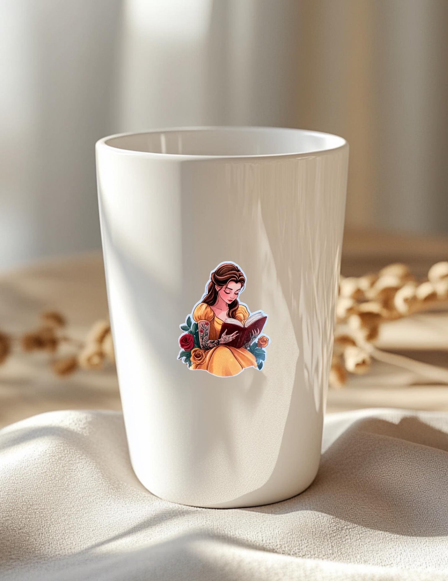 Belle Tattoo Sticker – Bookish Vinyl Decal Featuring a Tattooed Princess Reading Her Favorite Book - The Sticker Era