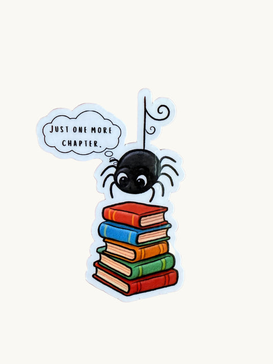 Open chapter book vinyl sticker. A cozy, bookish decal with cute little spider