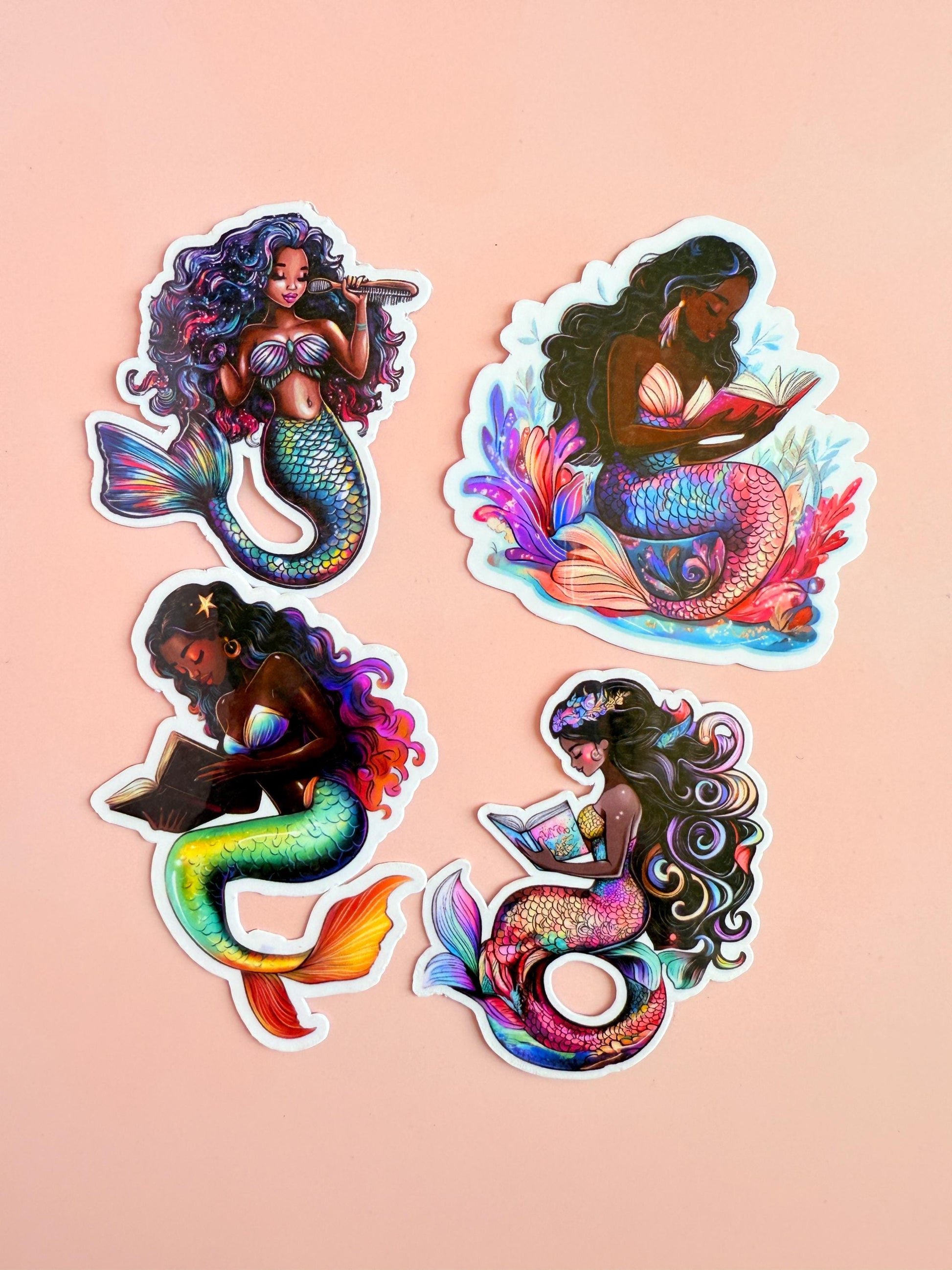Black Mermaid Sticker Pack – Vibrant Vinyl Reading & Singing Mermaids for Journals, Water Bottles, Bookish Gifts| Mermaidcore Aesthetic | - The Sticker Era
