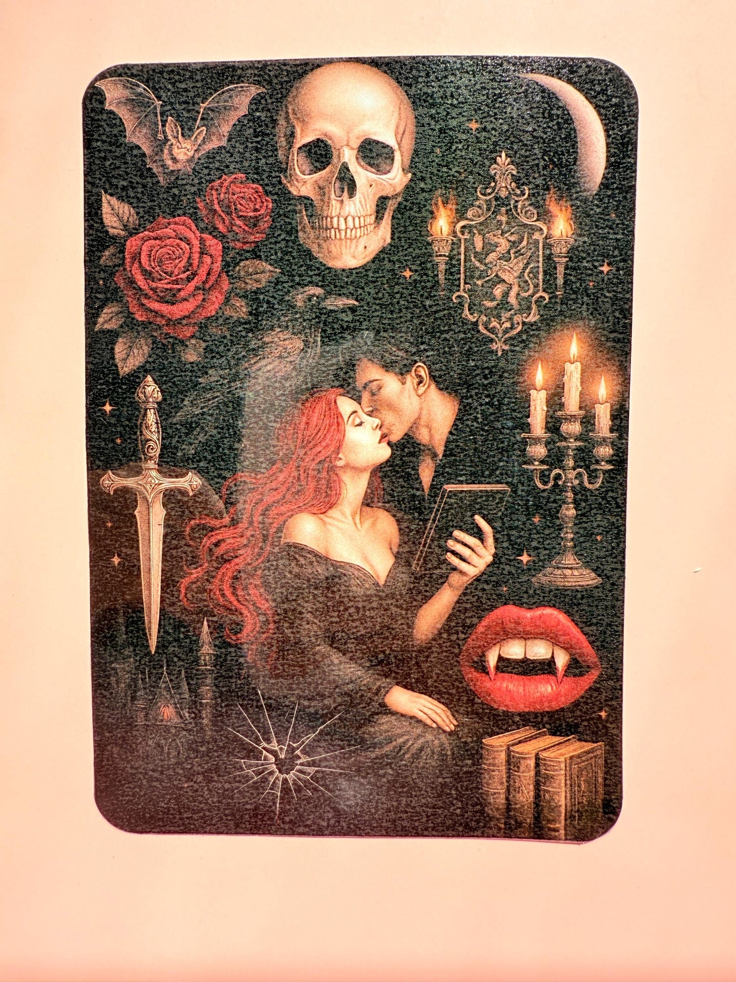 Dark romance Kindle insert with gothic vampire aesthetic, blood-red roses and candelabras romantasy decor by The Sticker Era