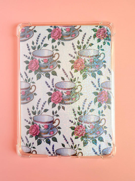 Teacup Kindle Insert – Shipped Holographic Floral Kindle Decor, Cottagecore Bookish Gift, Soft Girl Reader Vibe - The Sticker Era