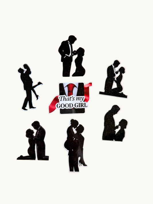 Black silhouette romance couple sticker pack featuring spicy poses and a red tie with “That’s My Good Girl” quote — vinyl stickers on pink background.