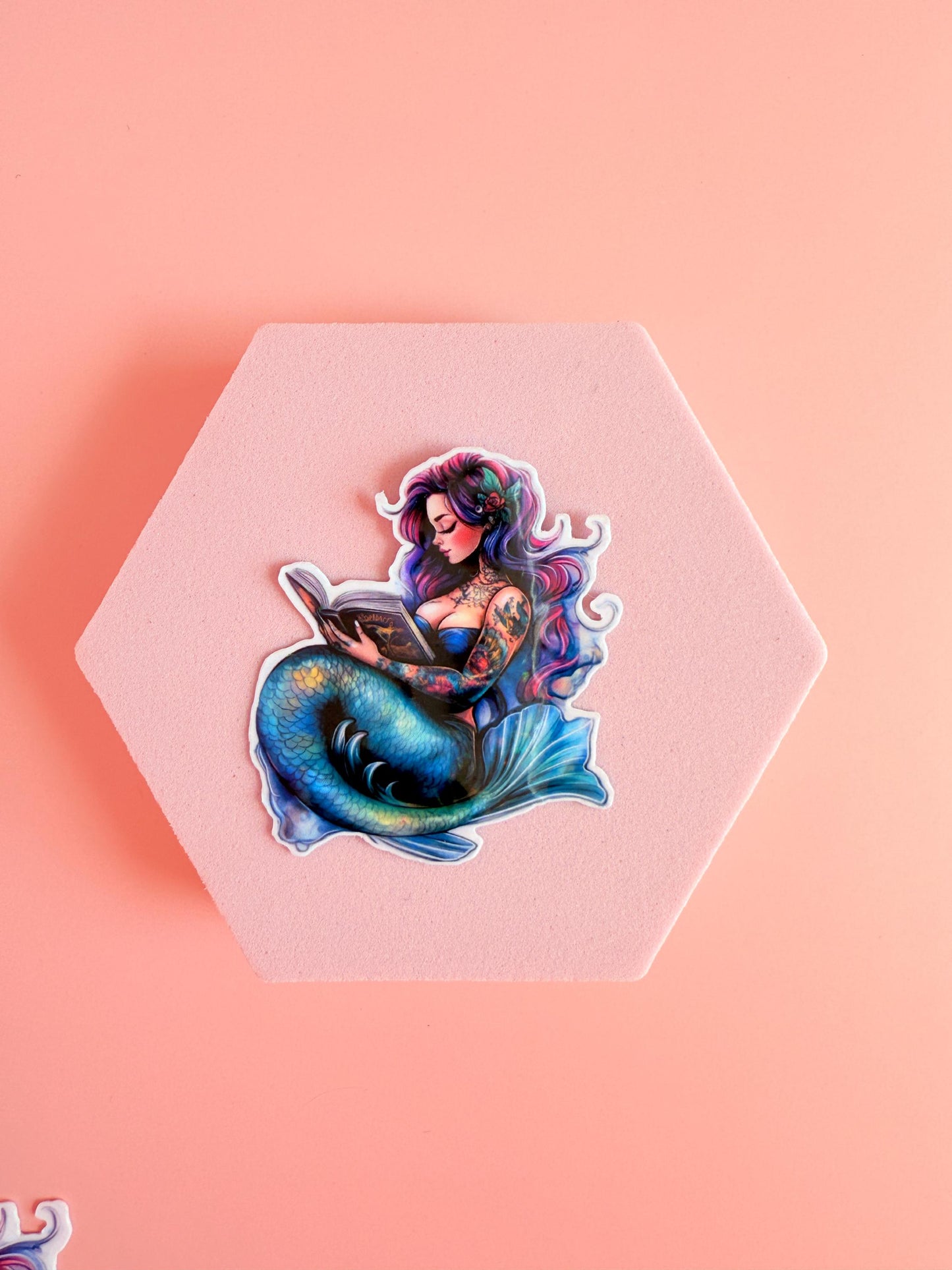 Plus-size mermaid reading bookish sticker — pastel ocean aesthetic