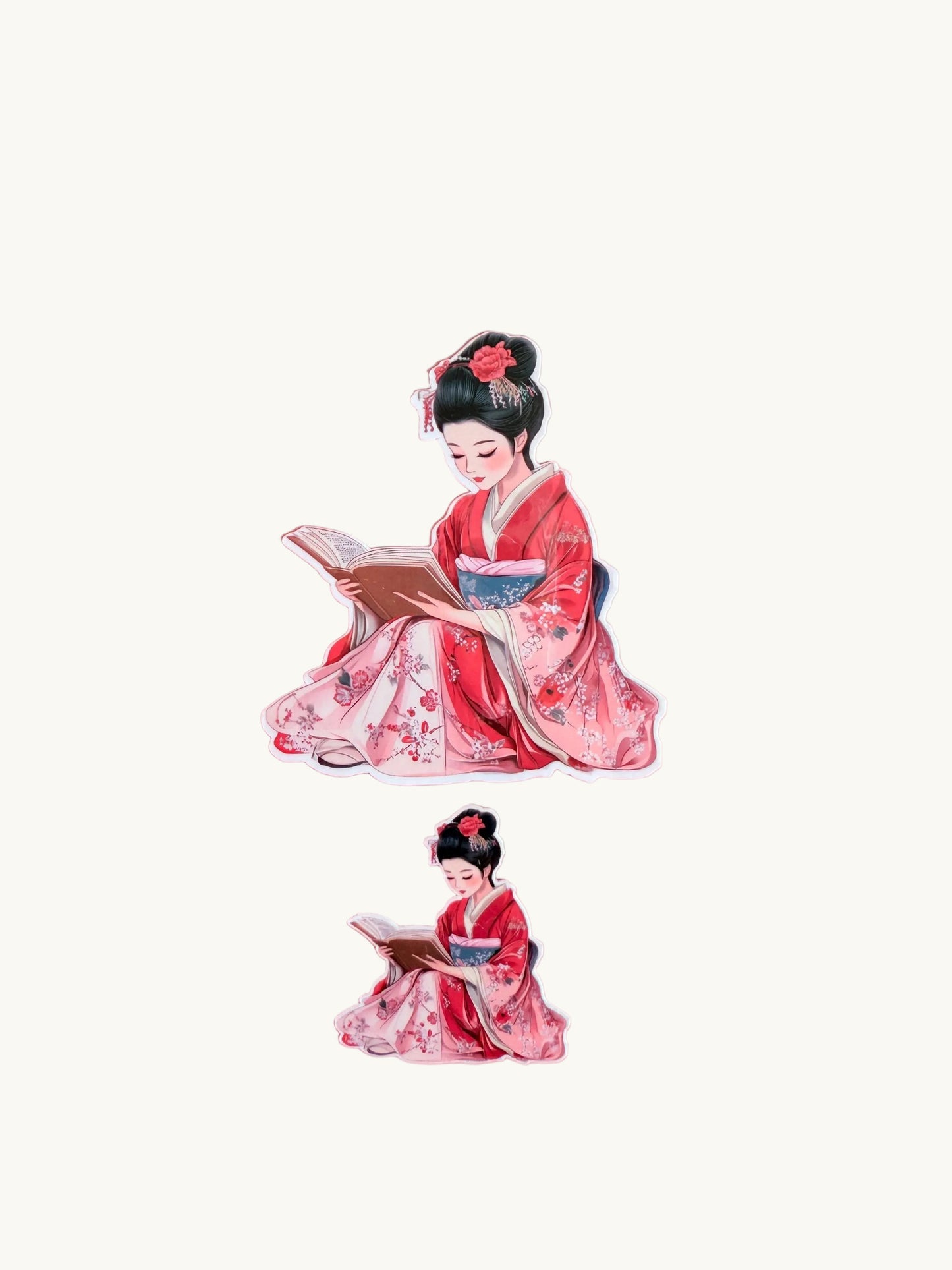 Woman in red floral kimono sitting and reading a book. Delicate and peaceful art-style sticker on a soft pink background.