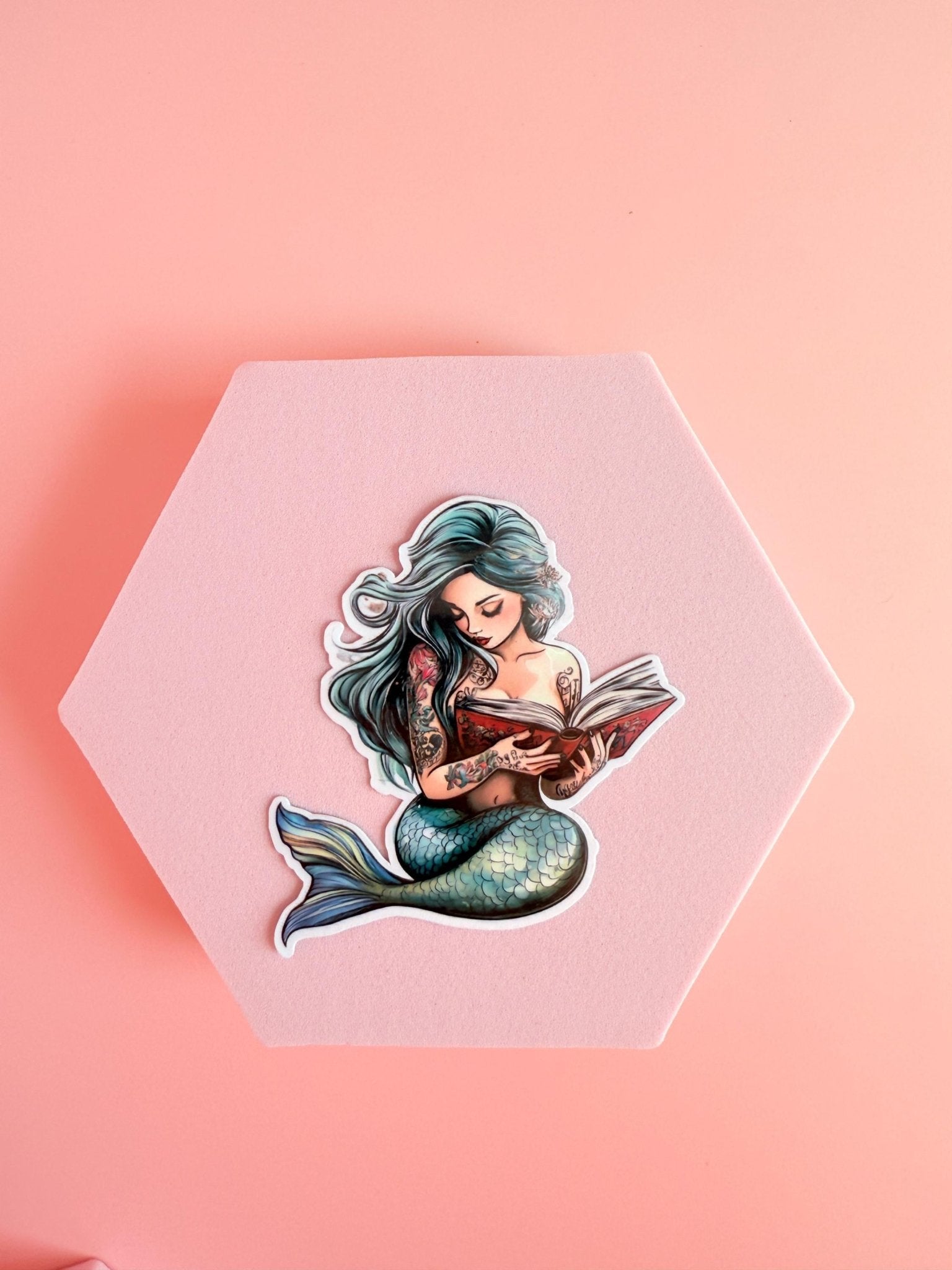 Teal Mermaid Reading Sticker | Retro Ocean Fantasy Book Lover Vinyl Decal by The Sticker Era