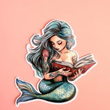 Teal Mermaid Reading Sticker | Retro Ocean Fantasy Book Lover Vinyl Decal by The Sticker Era